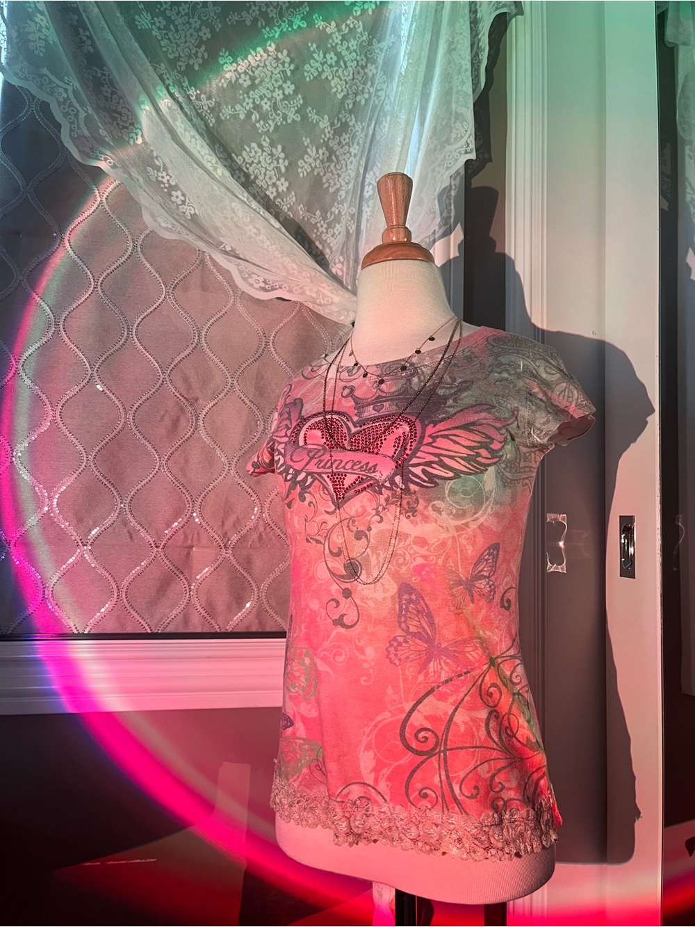 Graphic 'Princess' Butterfly Tee in Coral and Teal
